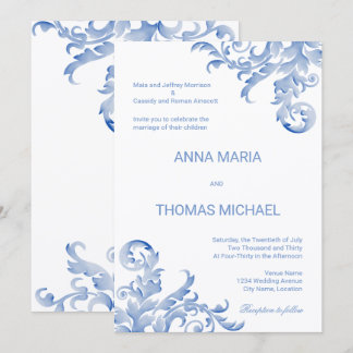 Invitación de boda con floritura de acuarela azul