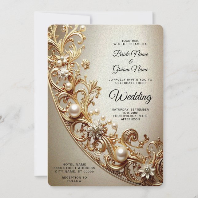 Invitación de boda con floritura dorada ornamentad (Anverso)