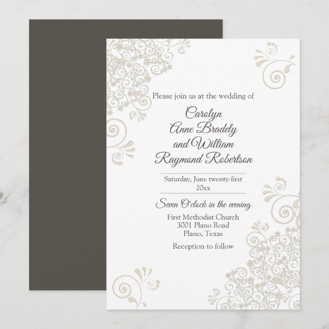 Invitación de boda con florituras de marfil chic (Anverso / Reverso)
