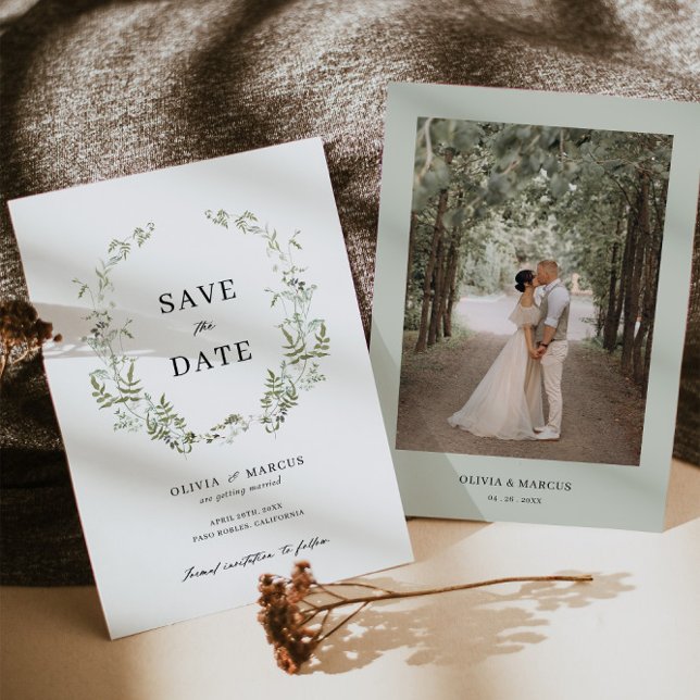 Invitación de boda con follaje boho sage para guar (Save The Date Front/Back)
