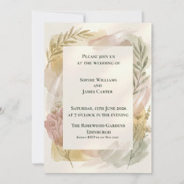 Invitación de boda con follaje botánico pastel
