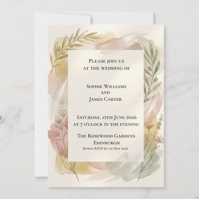 Invitación de boda con follaje botánico pastel (Anverso)