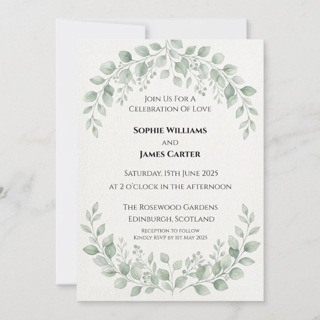 Invitación de boda con follaje de eucalipto (Anverso)