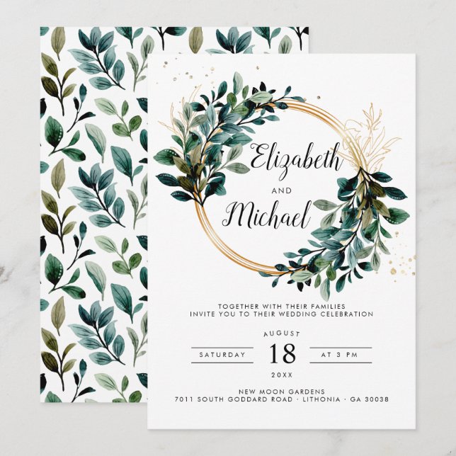 Invitación de boda con follaje de eucalipto (Anverso / Reverso)