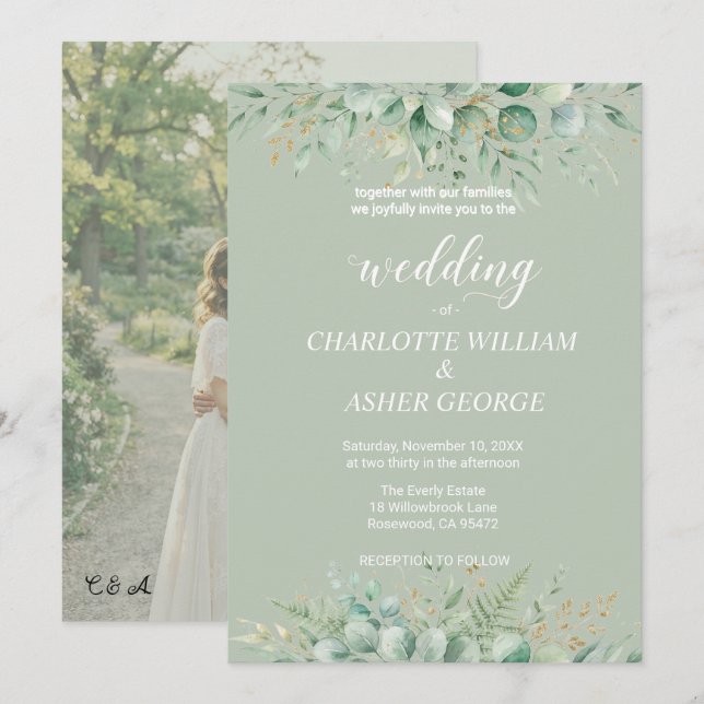 Invitación de boda con follaje de eucalipto verde  (Anverso / Reverso)