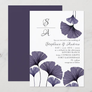 Invitación de boda con follaje de ginkgo púrpura m