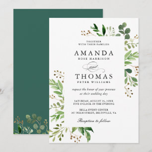 Invitación de boda con follaje de hojas verdes