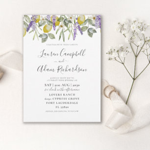 Invitación de boda con follaje de limón y lavanda