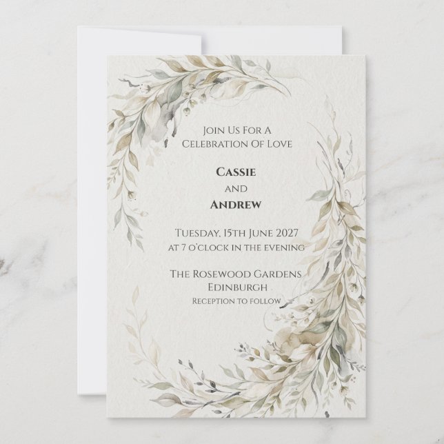 Invitación de boda con follaje de oro verde (Anverso)