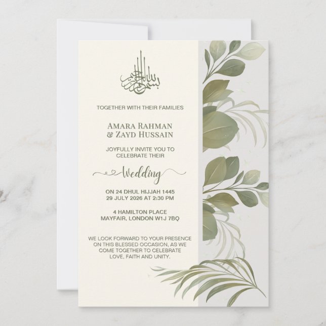 Invitación de Boda con Follaje Elegante de Color V (Anverso)