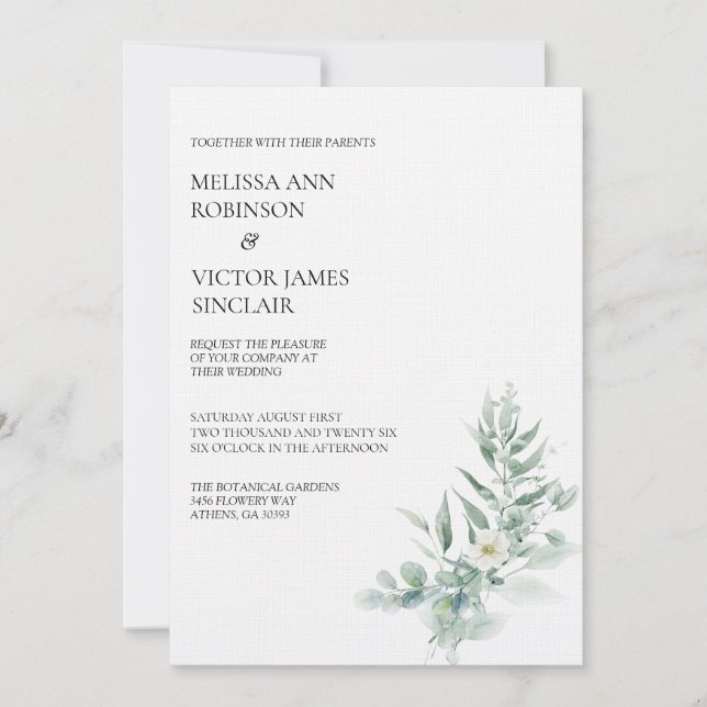 Invitación de boda con follaje verde (Anverso)