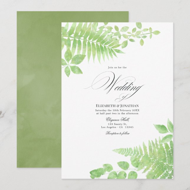 Invitación de boda con follaje verde acuarela (Anverso / Reverso)