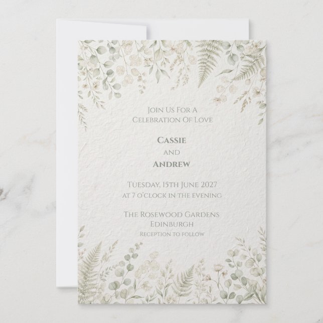 Invitación de boda con follaje verde salvia (Anverso)