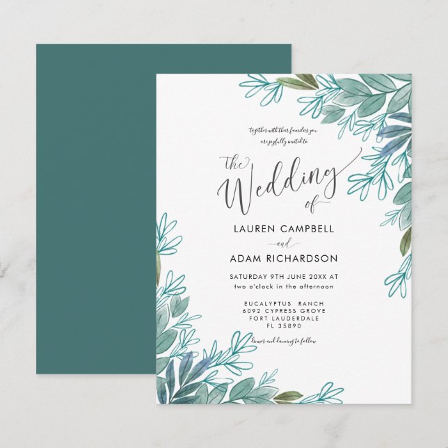 Invitación de boda con follaje verde salvia rústic (Anverso / Reverso)