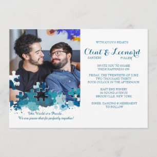 Invitación de boda con foto azul de piezas de romp