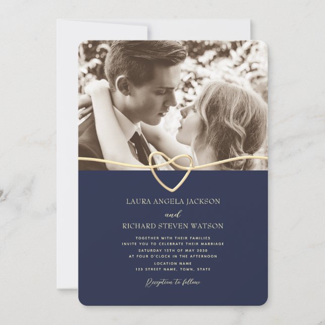 Invitación de boda con foto azul marino y código Q (Anverso)