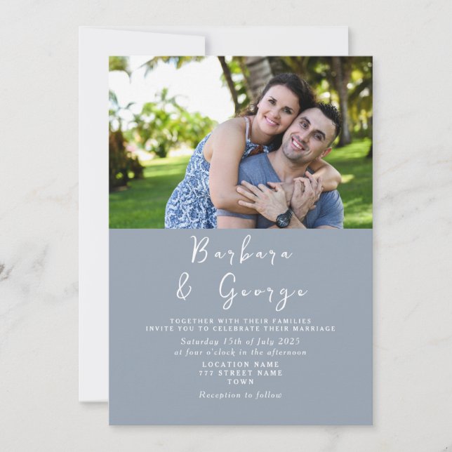 Invitación de boda con foto azul polvoriento (Anverso)