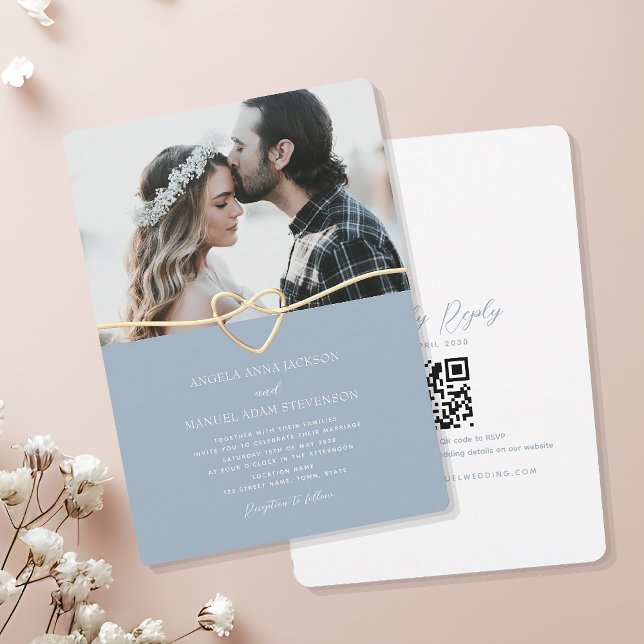 Invitación de boda con foto azul polvoriento y cód (Subido por el creador)