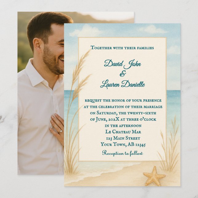 Invitación de boda con foto Beach Bliss (Anverso / Reverso)