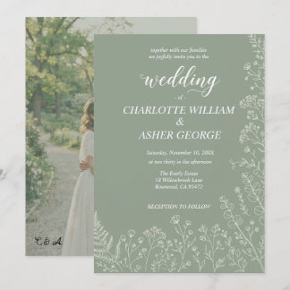 Invitación de Boda con Foto Botánica en Verde Salv