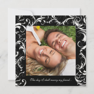 Invitación de boda con foto con remolinos negros e