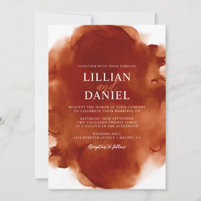 Invitación de boda con foto de acuarela de naranja (Anverso)