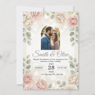 Invitación de boda con foto de acuarela floral ros