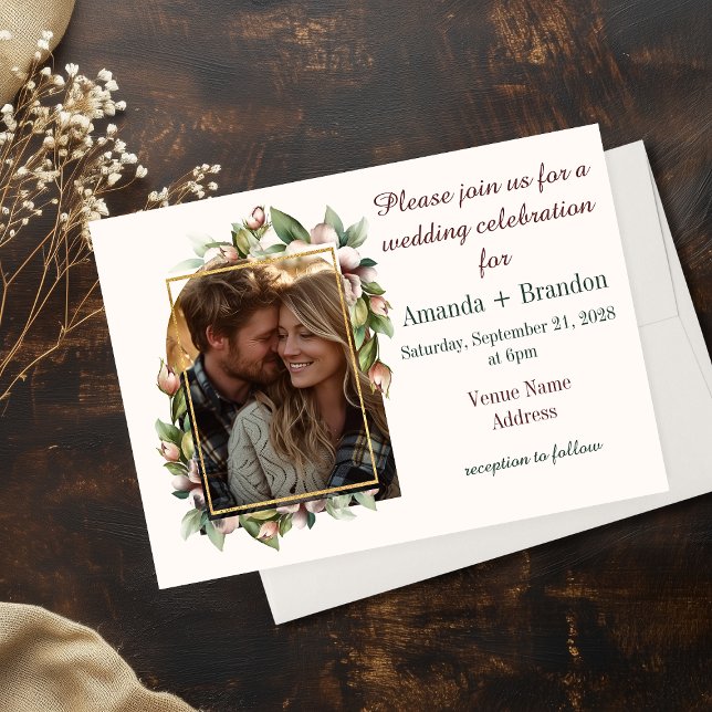 Invitación de boda con foto de arco floral boho el (Elegant Boho Floral Arch Photo Wedding Invitations)