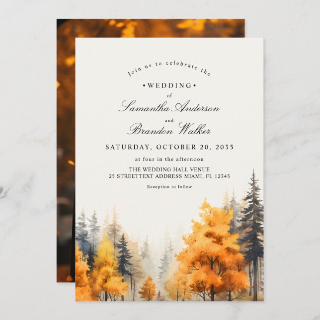 Invitación de boda con foto de bosque otoñal, árbo (Anverso / Reverso)