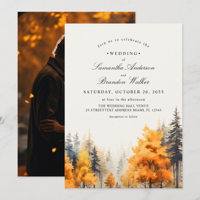 Invitación de boda con foto de bosque otoñal con p (Anverso / Reverso)