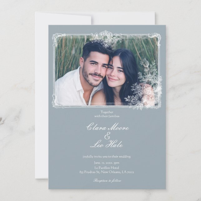 Invitación de Boda con Foto de Campo Francés Azul  (Anverso)