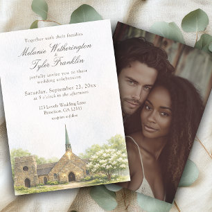 Invitación de boda con foto de capilla de piedra e