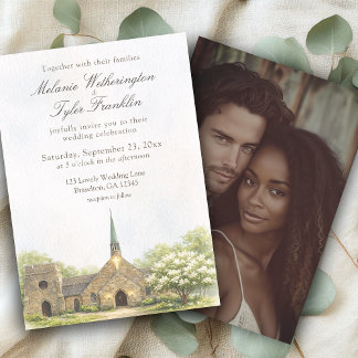Invitación de boda con foto de capilla de piedra e