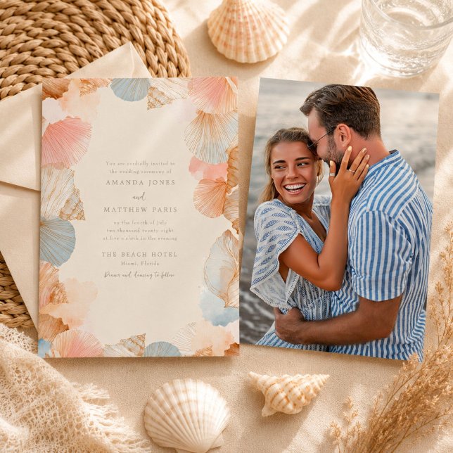 Invitación de boda con foto de conchas marinas cos (Coastal Seashell Photo Wedding Invitation)