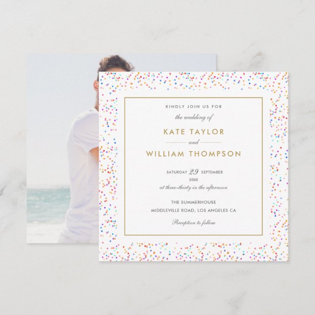 Invitación de boda con foto de confeti de arcoíris (Anverso / Reverso)