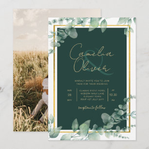 Invitación de boda con foto de eucalipto verde dor