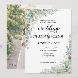 Invitación de boda con foto de eucalipto verde sal