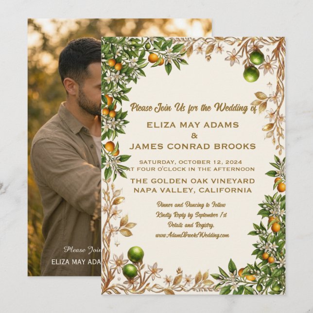Invitación de boda con foto de Flor de Azahar de F (Anverso / Reverso)
