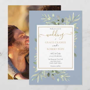 Invitación de Boda con Foto de Guión Dorado Azul P