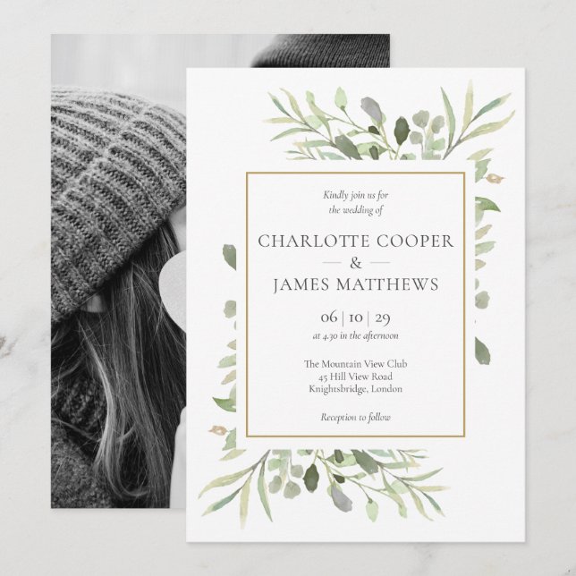 Invitación de boda con foto de hojas de vegetación (Anverso / Reverso)
