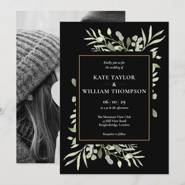 Invitación de boda con foto de hojas verdes sobre  (Anverso / Reverso)