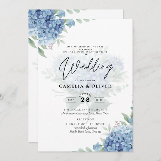 Invitación de Boda con FOTO de Hortensia Azul Mode (Anverso / Reverso)