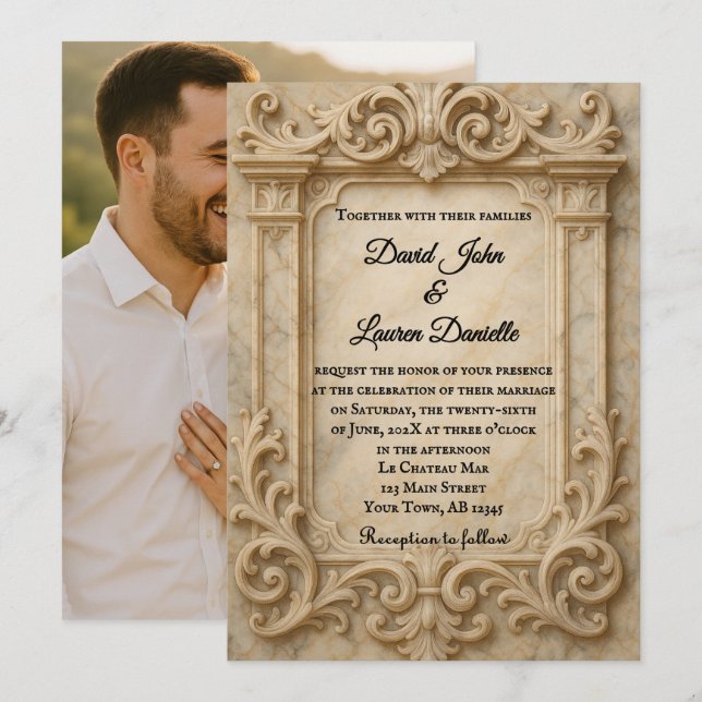 Invitación de boda con foto de la monarca de mármo (Anverso / Reverso)