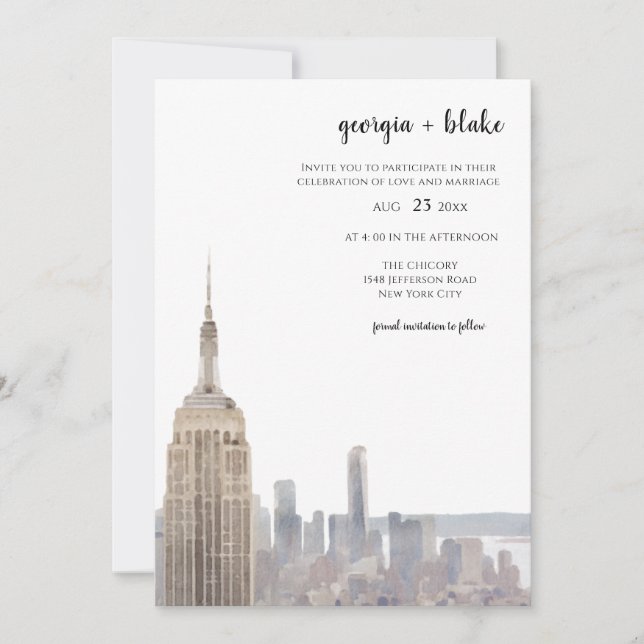 Invitación de boda con foto de la silueta de Nueva (Anverso)