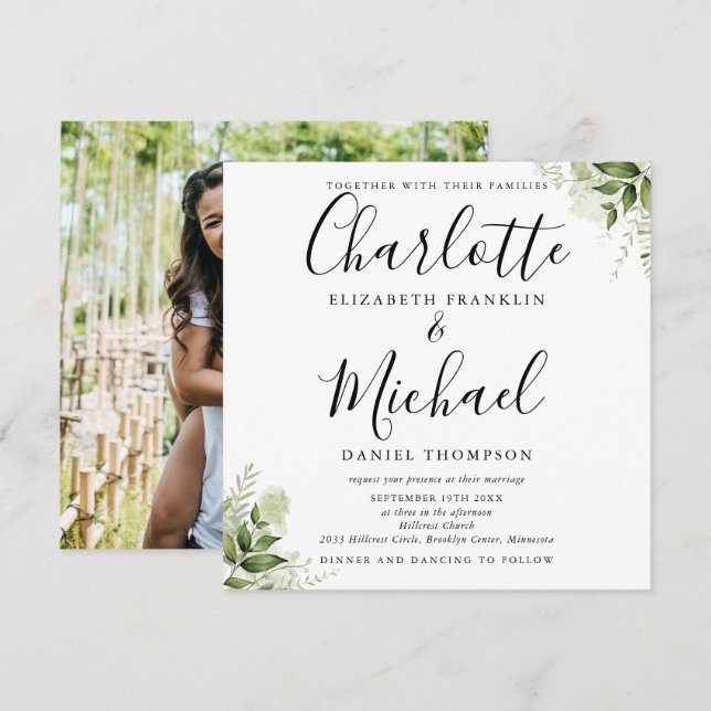 Invitación de Boda con Foto de Letra de Hoja de Ve (Anverso / Reverso)