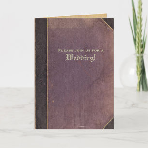 Invitación de boda con foto de libro púrpura vinta