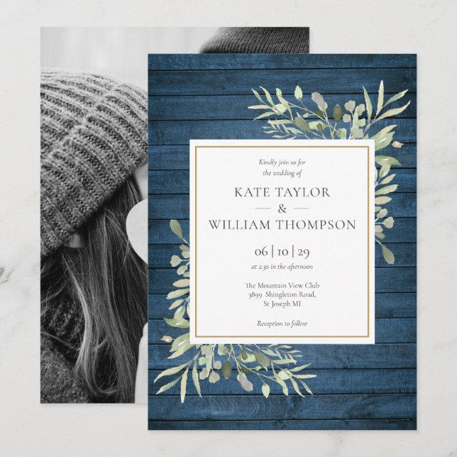 Invitación de boda con foto de madera rústica azul (Anverso / Reverso)