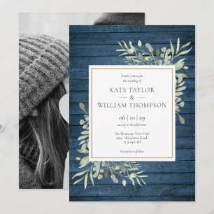 Invitación de boda con foto de madera rústica azul