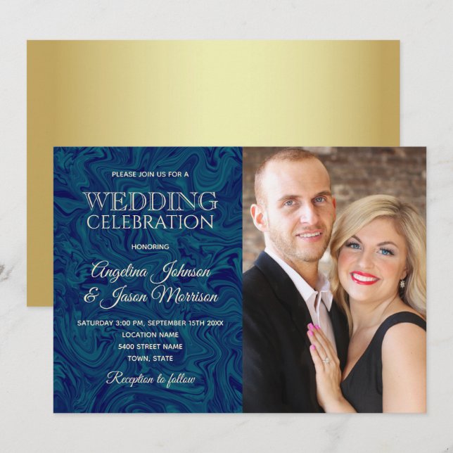 Invitación de boda con foto de mármol dorado azul  (Anverso / Reverso)
