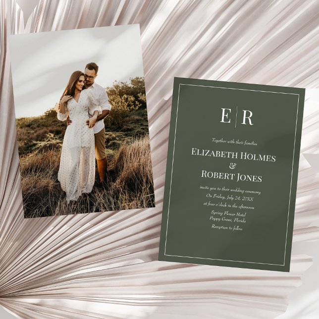 Invitación de boda con foto de monograma de oliva  (Dark Olive Minimalist Monogram & Photo Wedding Invitation on a neutral dry palm leaf.)